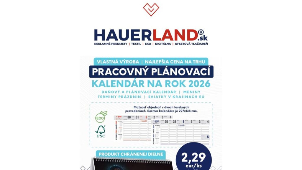 Pracovný kalendár 2026 Hauerland, cena 2,29€